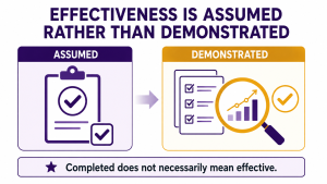 Purple and gold infographic explaining that completing corrective action does not demonstrate effectiveness without objective evidence and follow-up review.